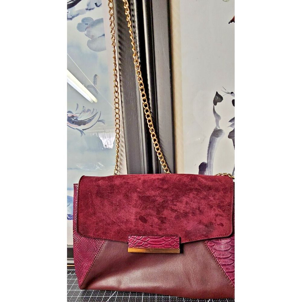 ALDO faux‎ leather+ suede combo Red  clutch crossbody gold tone chains